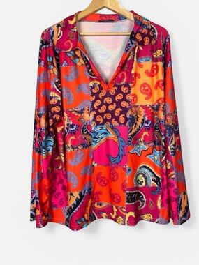 Bright and Bold Art-to-Wear Pullover Top V Neck
